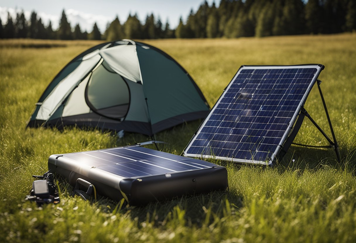 The portable solar panels are set up on a grassy field, soaking up the sun's rays. A backpack and camping gear are scattered nearby, indicating outdoor activities