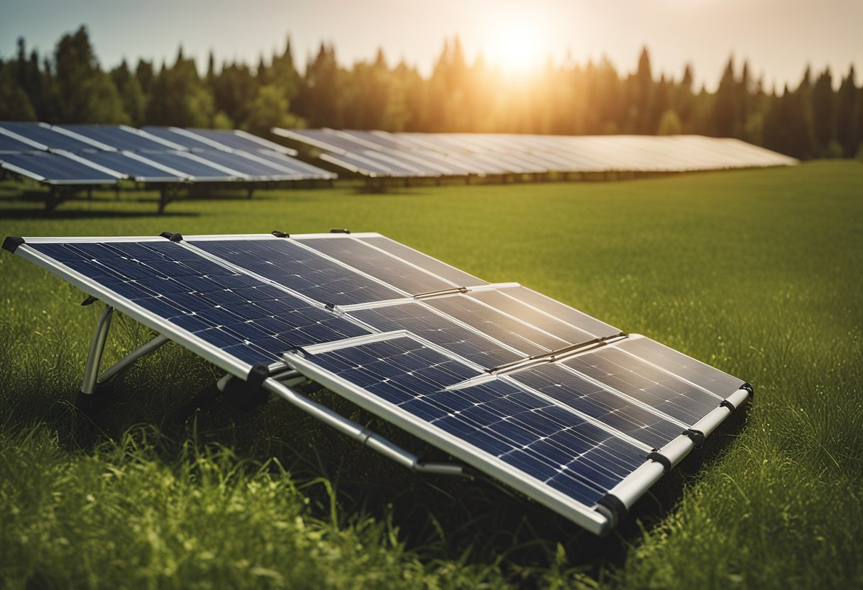 Portable solar panels lay on a grassy field, soaking up the sun's rays. The panels are connected to a small electronic device, powering it with renewable energy